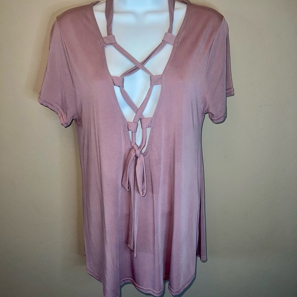 New Red by BKE Rose Pink Lace Up High Low Top tunic Med - Picture 3 of 7